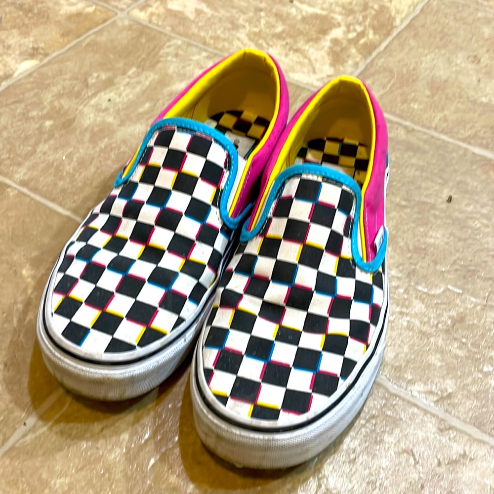 Pink, blue, yellow checkered vans